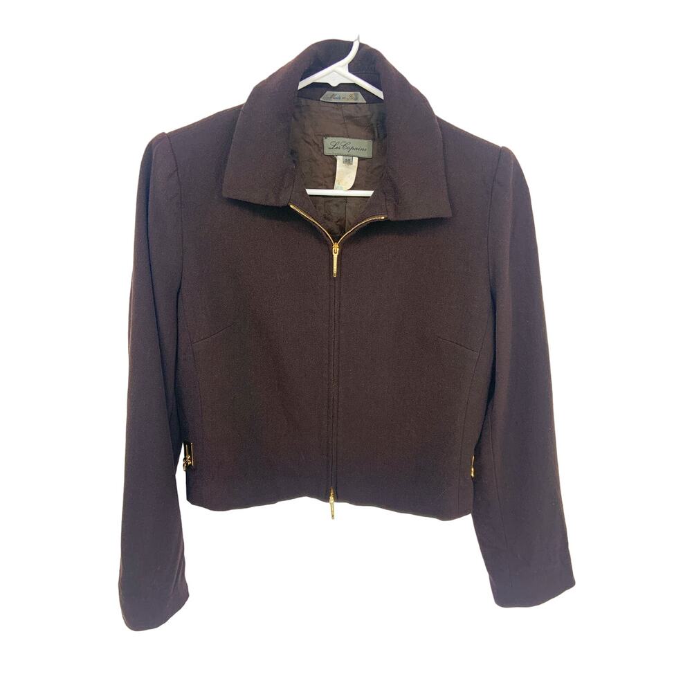 Vtg Les Copains Gold Hardware Chains on Sides Brown Zip Jacket Size IT 46 US 10